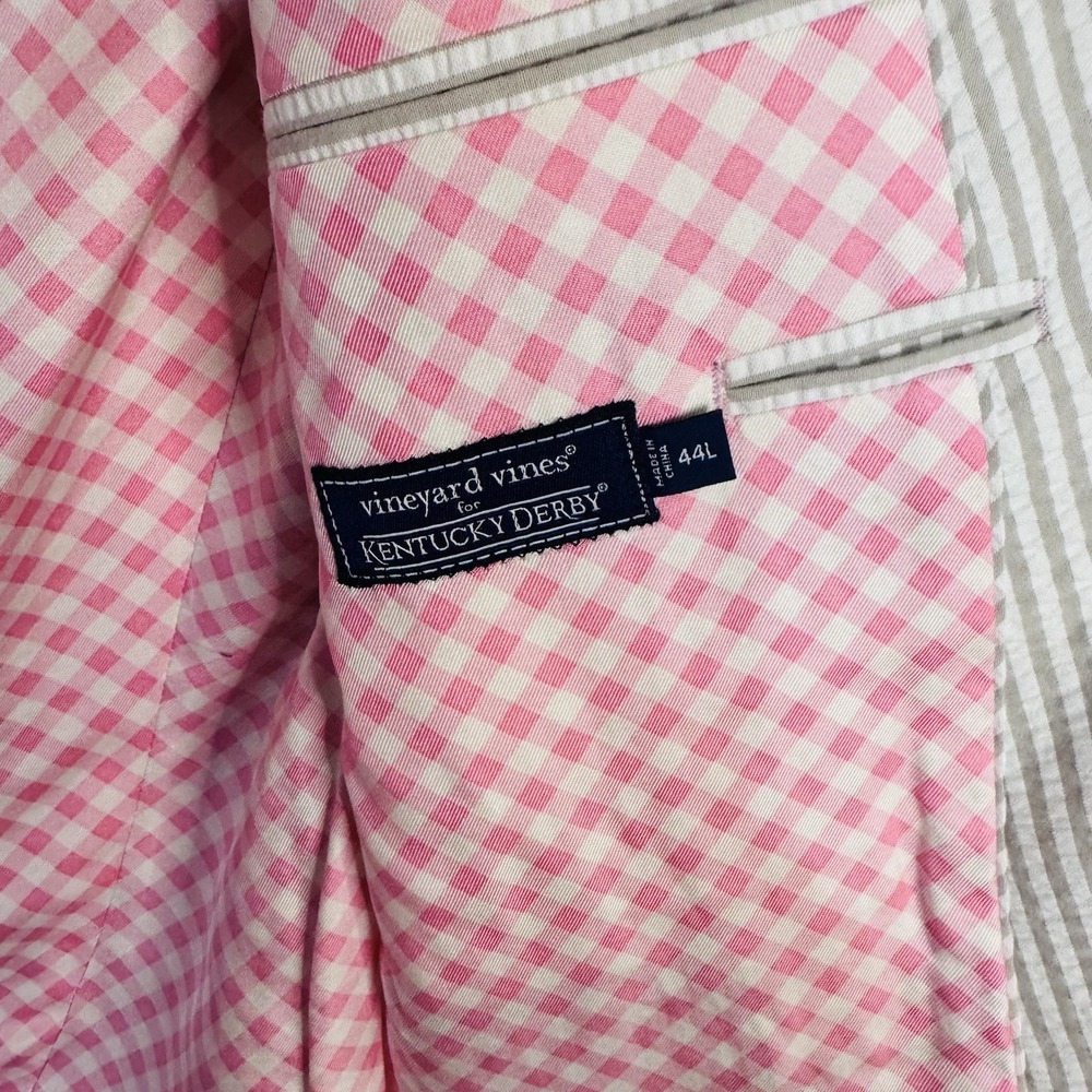 Vineyard Vines Seersucker Men Beige Cotton Blazer 44L Lining Pink Check Silk NWT - Picture 9 of 11